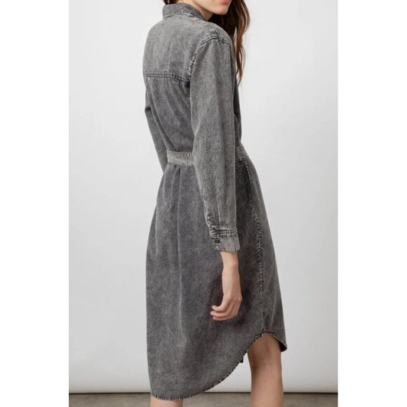 Rails Ames Black Acid Wash Shirt Dress Long Sleeve‎ Knee Length Tie Linen XS - Picture 2 of 16